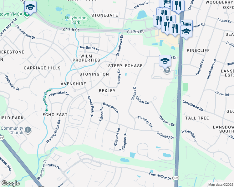 map of restaurants, bars, coffee shops, grocery stores, and more near 4409 Fireside Court in Wilmington