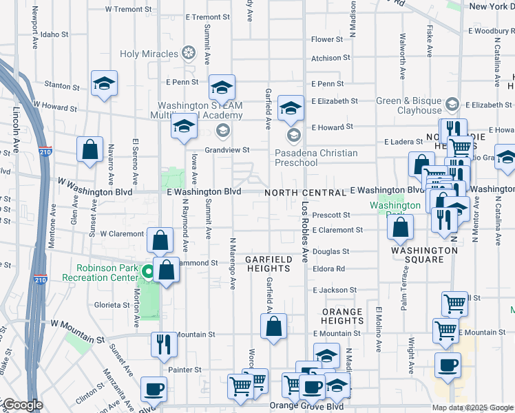 map of restaurants, bars, coffee shops, grocery stores, and more near 1293 Garfield Avenue in Pasadena