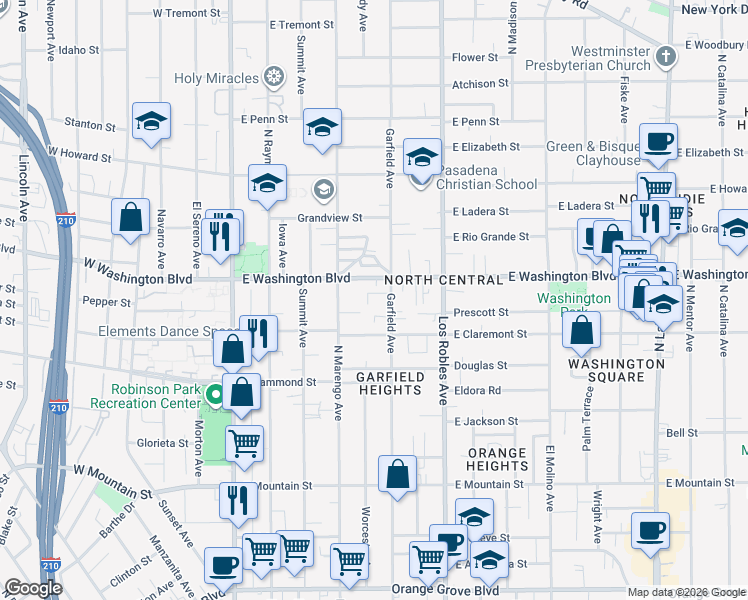 map of restaurants, bars, coffee shops, grocery stores, and more near 1293 Garfield Avenue in Pasadena