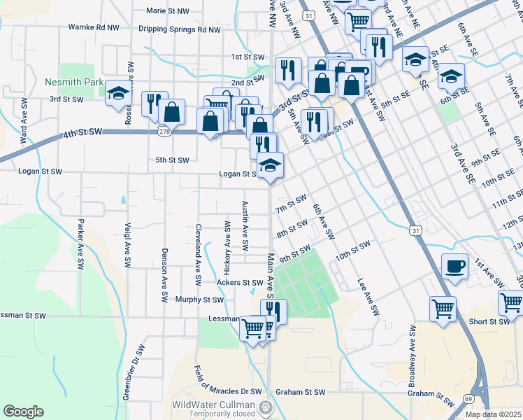 map of restaurants, bars, coffee shops, grocery stores, and more near 615 Main Avenue Southwest in Cullman
