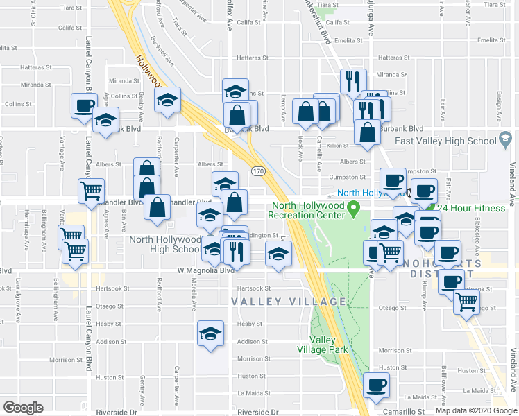 map of restaurants, bars, coffee shops, grocery stores, and more near 11644 Chandler Boulevard in Los Angeles