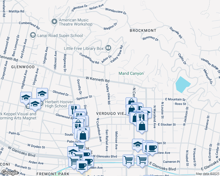 map of restaurants, bars, coffee shops, grocery stores, and more near 1432 Valley View Road in Glendale