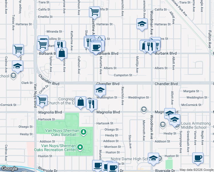 map of restaurants, bars, coffee shops, grocery stores, and more near 14004 Chandler Boulevard in Los Angeles