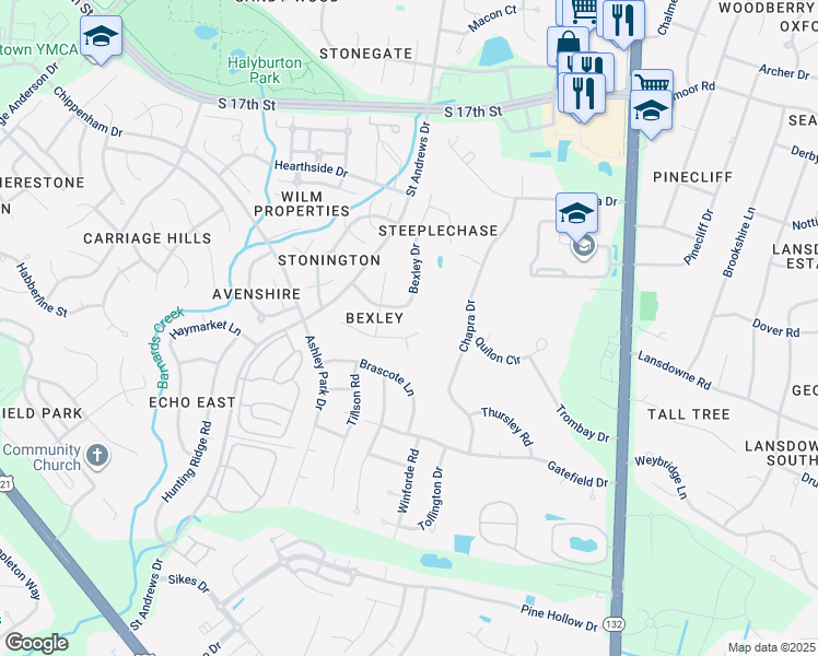 map of restaurants, bars, coffee shops, grocery stores, and more near 4409 Fireside Court in Wilmington