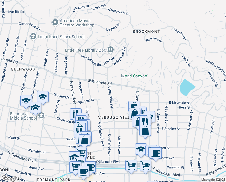 map of restaurants, bars, coffee shops, grocery stores, and more near 1432 Valley View Road in Glendale