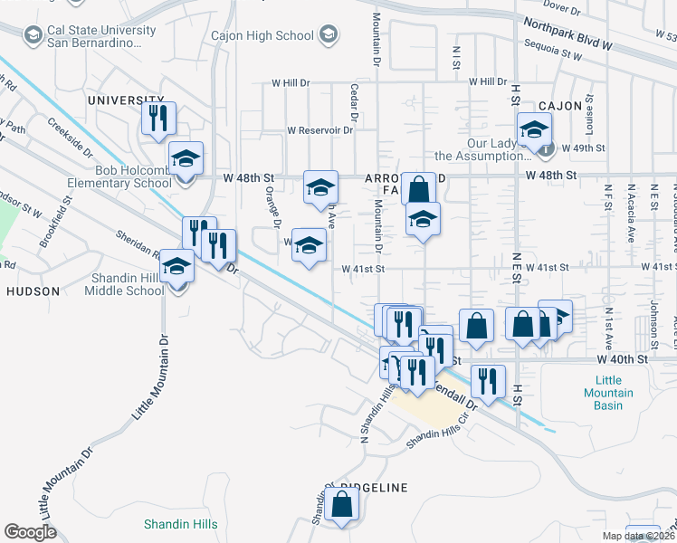 map of restaurants, bars, coffee shops, grocery stores, and more near 1199 West 41st Street in San Bernardino
