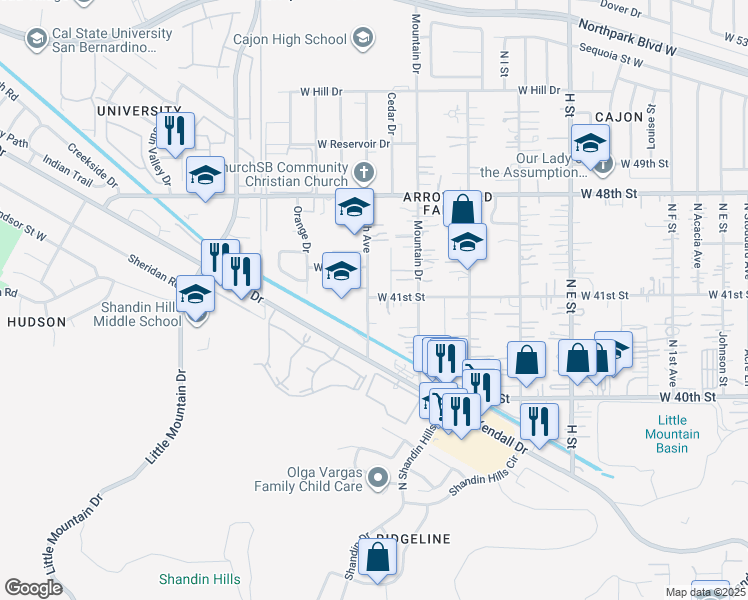map of restaurants, bars, coffee shops, grocery stores, and more near 1199 West 41st Street in San Bernardino