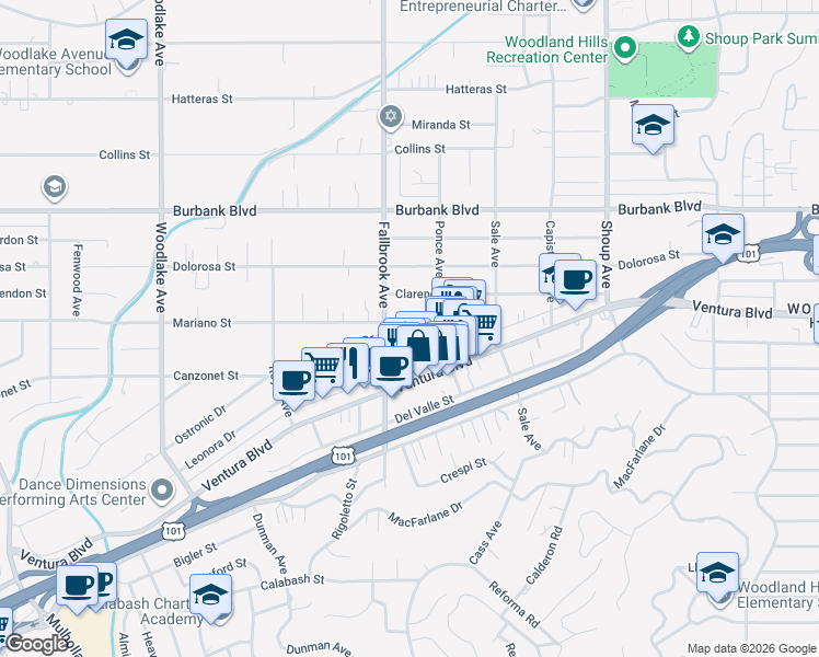map of restaurants, bars, coffee shops, grocery stores, and more near 5402 Fallbrook Avenue in Los Angeles
