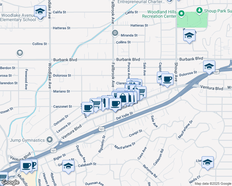 map of restaurants, bars, coffee shops, grocery stores, and more near 5402 Fallbrook Avenue in Los Angeles