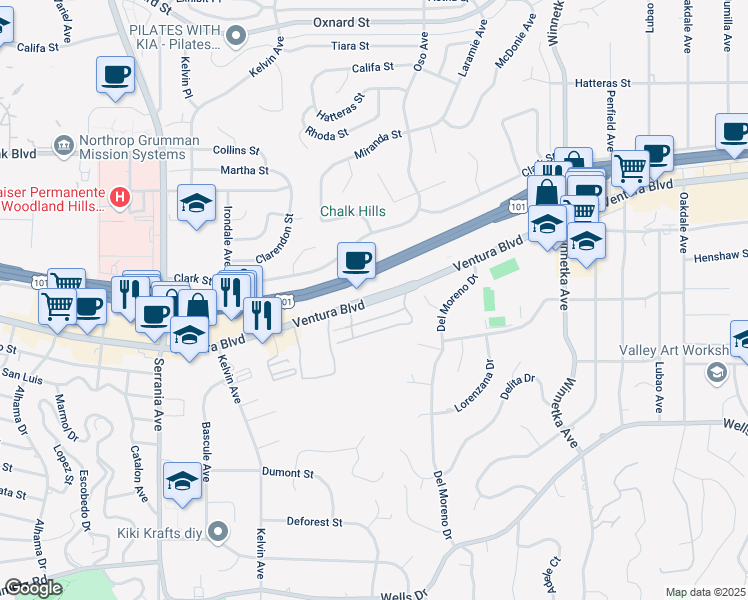 map of restaurants, bars, coffee shops, grocery stores, and more near 20504 Ventura Boulevard in Los Angeles