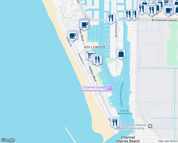 map of restaurants, bars, coffee shops, grocery stores, and more near 3550 Sunset Lane in Oxnard