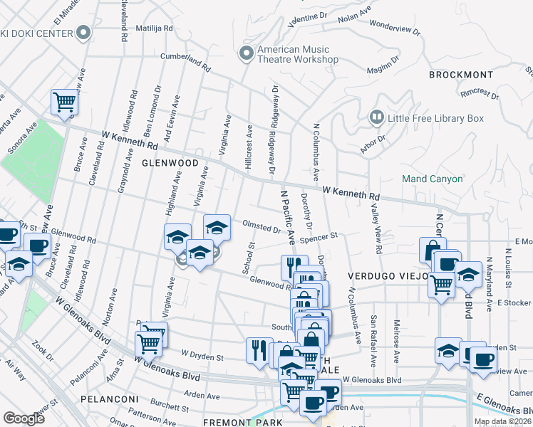 map of restaurants, bars, coffee shops, grocery stores, and more near 522 Monte Vista Avenue in Glendale