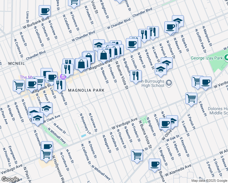 map of restaurants, bars, coffee shops, grocery stores, and more near 614 North Naomi Street in Burbank