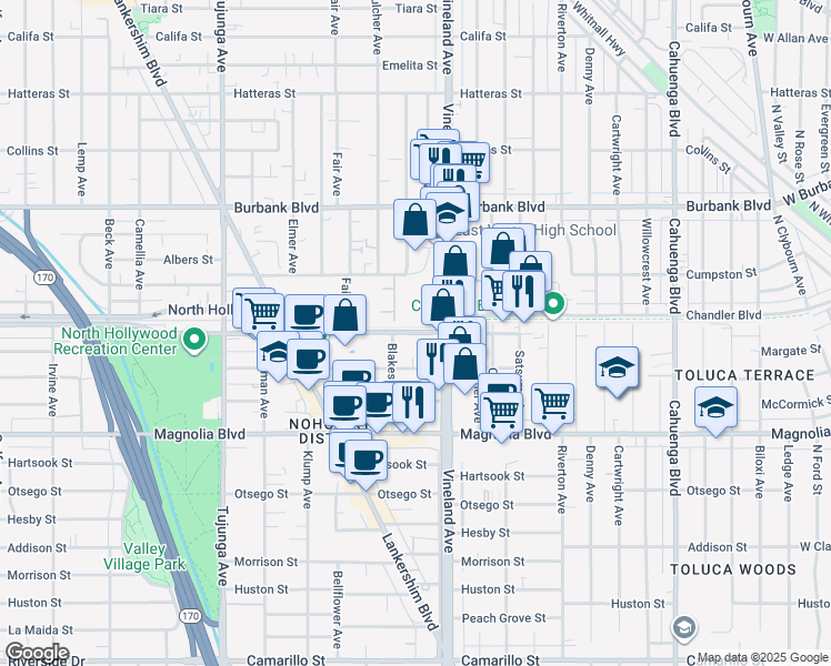 map of restaurants, bars, coffee shops, grocery stores, and more near 11058 Chandler Boulevard in Los Angeles