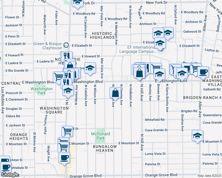 map of restaurants, bars, coffee shops, grocery stores, and more near 1285 North Michigan Avenue in Pasadena