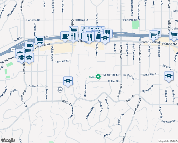 map of restaurants, bars, coffee shops, grocery stores, and more near 5353 Shirley Avenue in Los Angeles