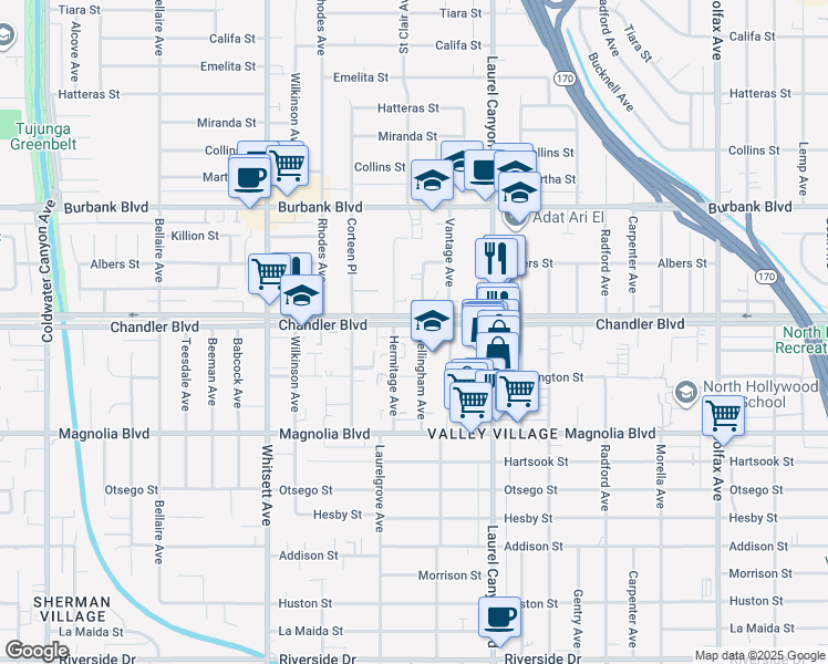 map of restaurants, bars, coffee shops, grocery stores, and more near 12224 Chandler Boulevard in Los Angeles