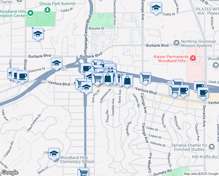 map of restaurants, bars, coffee shops, grocery stores, and more near 21733 Ventura Boulevard in Los Angeles