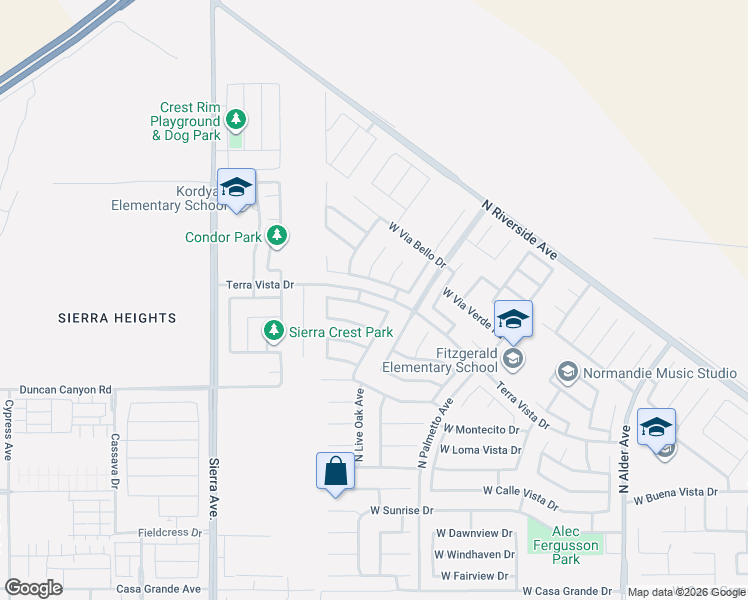 map of restaurants, bars, coffee shops, grocery stores, and more near 2772 West Rancho Vista Drive in Rialto