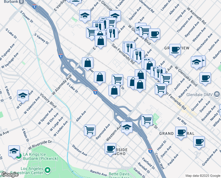 map of restaurants, bars, coffee shops, grocery stores, and more near 1840 Flower Street in Glendale