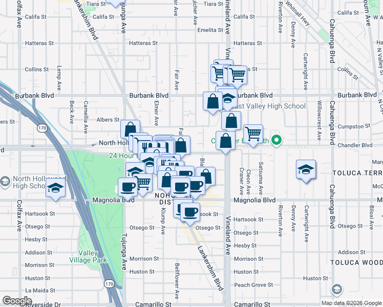 map of restaurants, bars, coffee shops, grocery stores, and more near Chandler Boulevard in Los Angeles