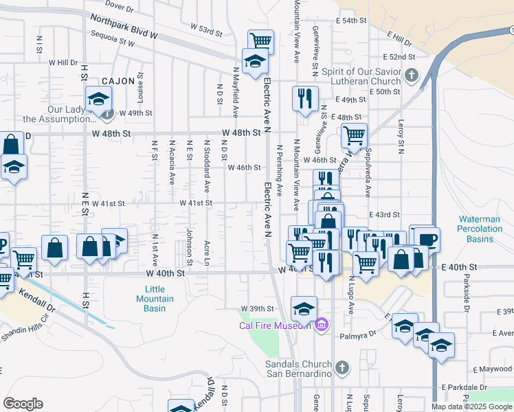 map of restaurants, bars, coffee shops, grocery stores, and more near West 44th Street in San Bernardino