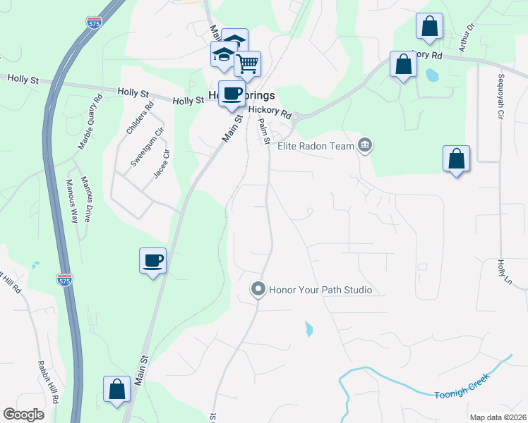 map of restaurants, bars, coffee shops, grocery stores, and more near 477 Palm Street in Holly Springs