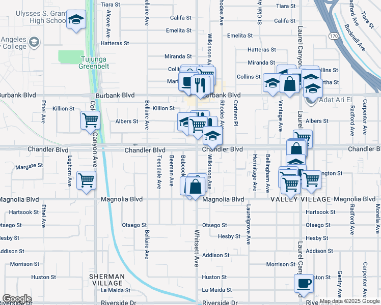 map of restaurants, bars, coffee shops, grocery stores, and more near 12512 Chandler Boulevard in Los Angeles