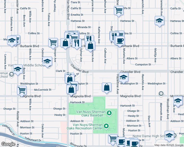 map of restaurants, bars, coffee shops, grocery stores, and more near 14304 Chandler Boulevard in Los Angeles