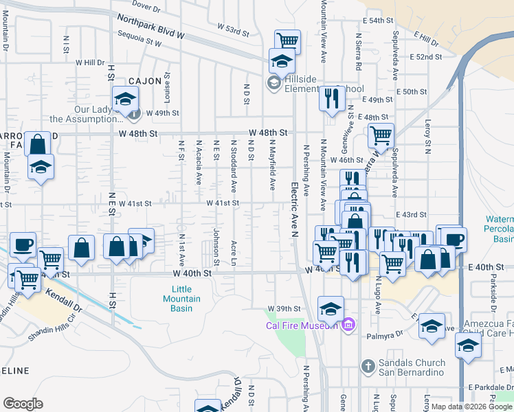 map of restaurants, bars, coffee shops, grocery stores, and more near 370 West 41st Street in San Bernardino