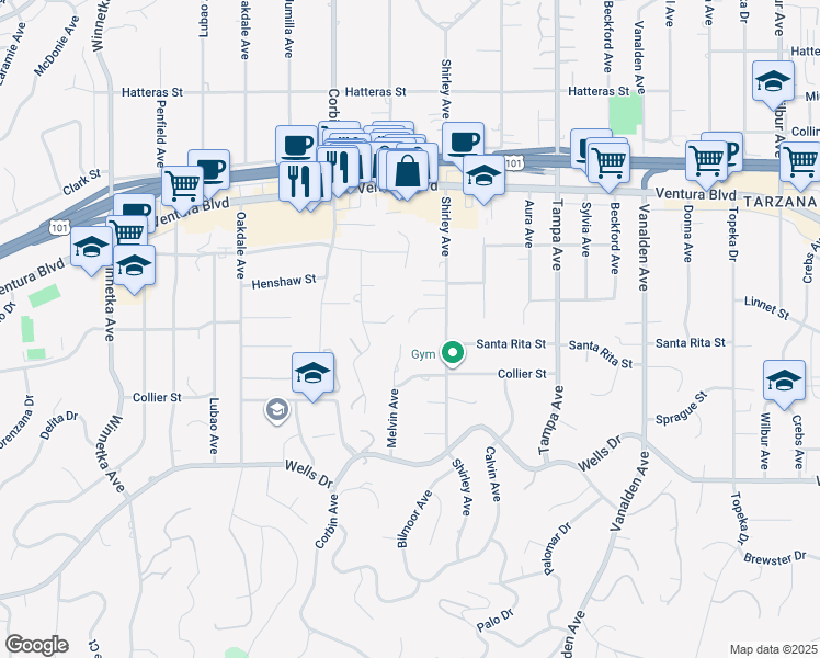 map of restaurants, bars, coffee shops, grocery stores, and more near 5353 Shirley Avenue in Los Angeles