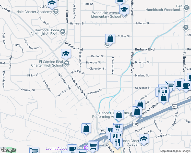 map of restaurants, bars, coffee shops, grocery stores, and more near 23439 Mariano Street in Los Angeles