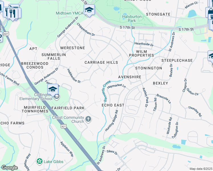 map of restaurants, bars, coffee shops, grocery stores, and more near 1015 Haymarket Lane in Wilmington