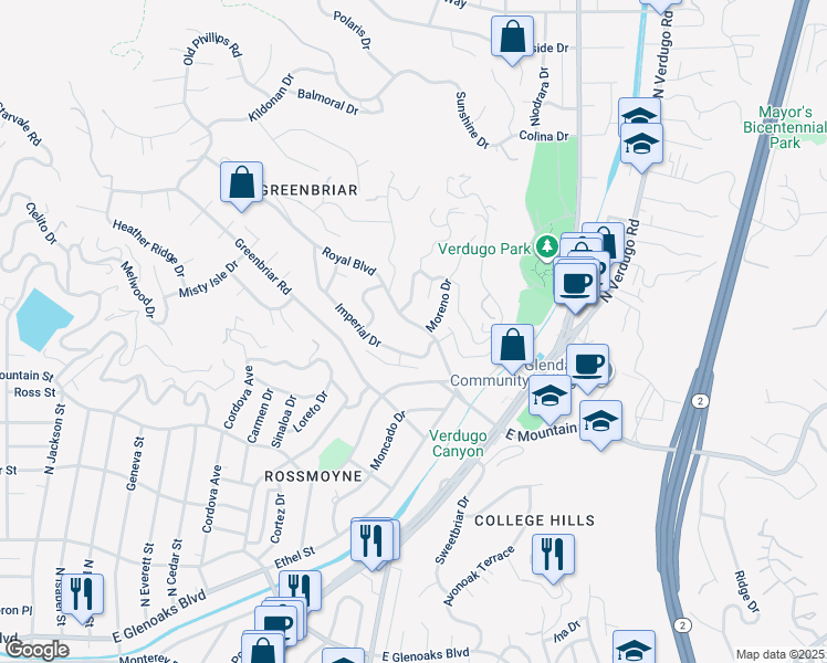 map of restaurants, bars, coffee shops, grocery stores, and more near 1461 Royal Boulevard in Glendale