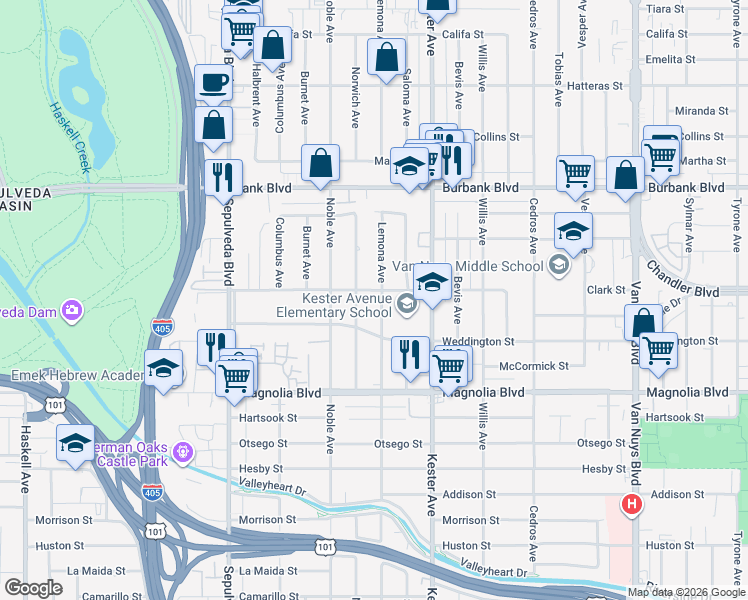 map of restaurants, bars, coffee shops, grocery stores, and more near 5351 Lemona Avenue in Los Angeles