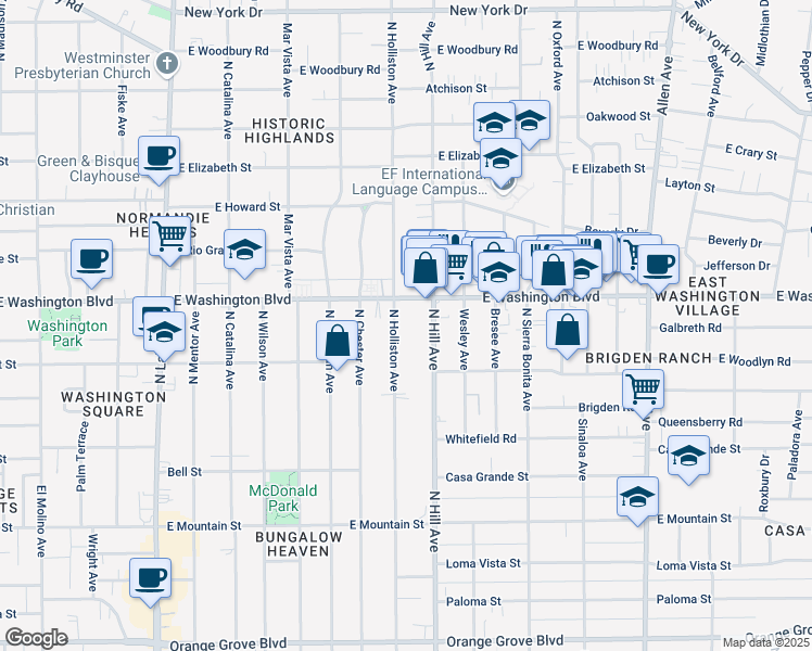 map of restaurants, bars, coffee shops, grocery stores, and more near in Pasadena