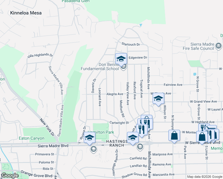 map of restaurants, bars, coffee shops, grocery stores, and more near 1265 Hastings Ranch Drive in Pasadena