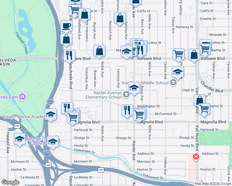 map of restaurants, bars, coffee shops, grocery stores, and more near 5351 Lemona Avenue in Los Angeles