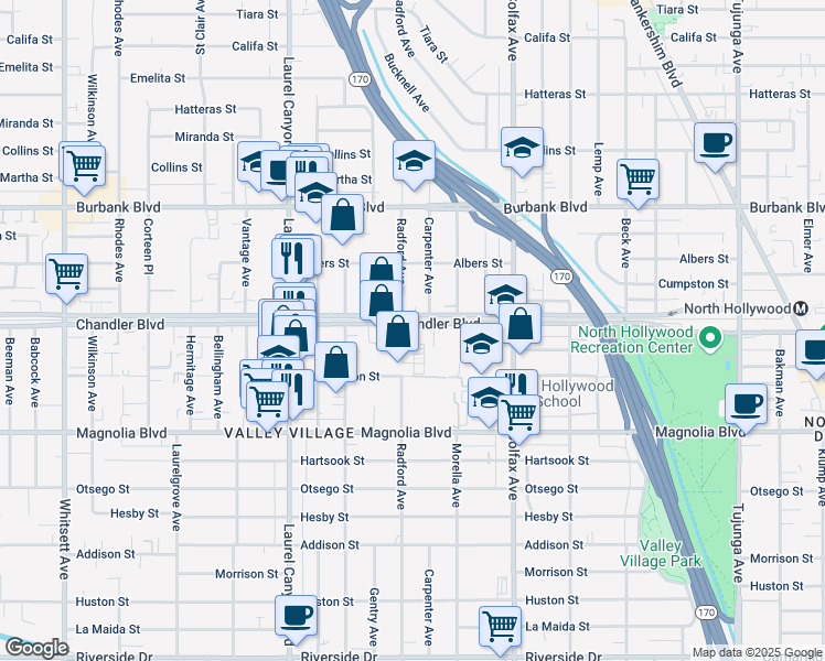 map of restaurants, bars, coffee shops, grocery stores, and more near 11854 Chandler Boulevard in Los Angeles