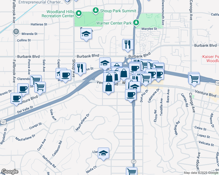 map of restaurants, bars, coffee shops, grocery stores, and more near 22140 Ventura Boulevard in Los Angeles