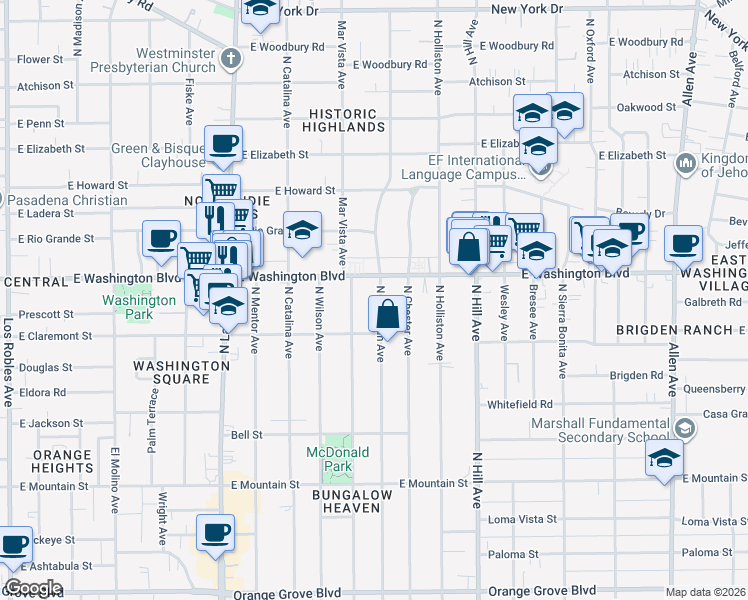 map of restaurants, bars, coffee shops, grocery stores, and more near 1285 North Michigan Avenue in Pasadena