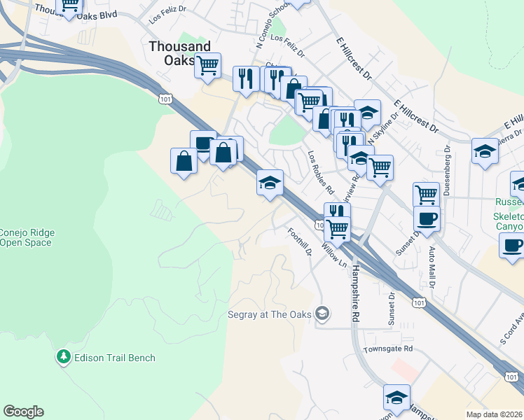 map of restaurants, bars, coffee shops, grocery stores, and more near 251 South Skyline Drive in Thousand Oaks