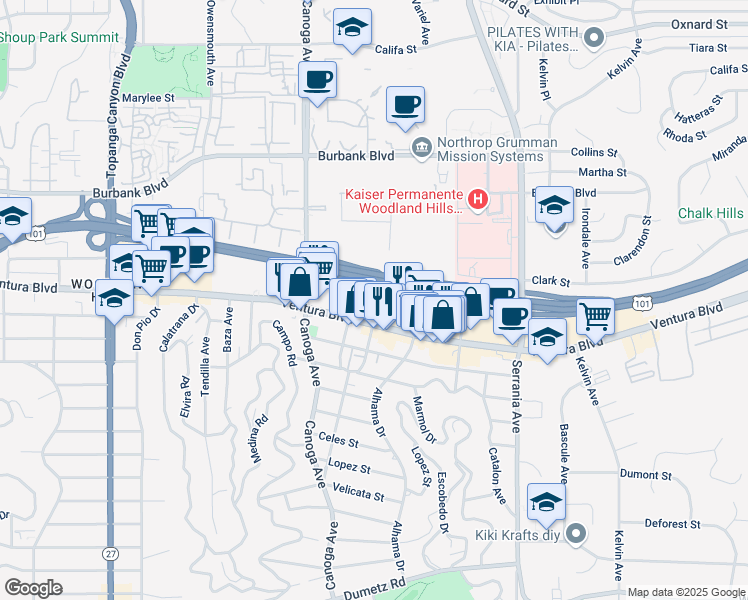 map of restaurants, bars, coffee shops, grocery stores, and more near 21200 Clarendon Street in Los Angeles