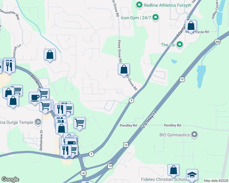 map of restaurants, bars, coffee shops, grocery stores, and more near 2160 Highland Gate Drive in Cumming