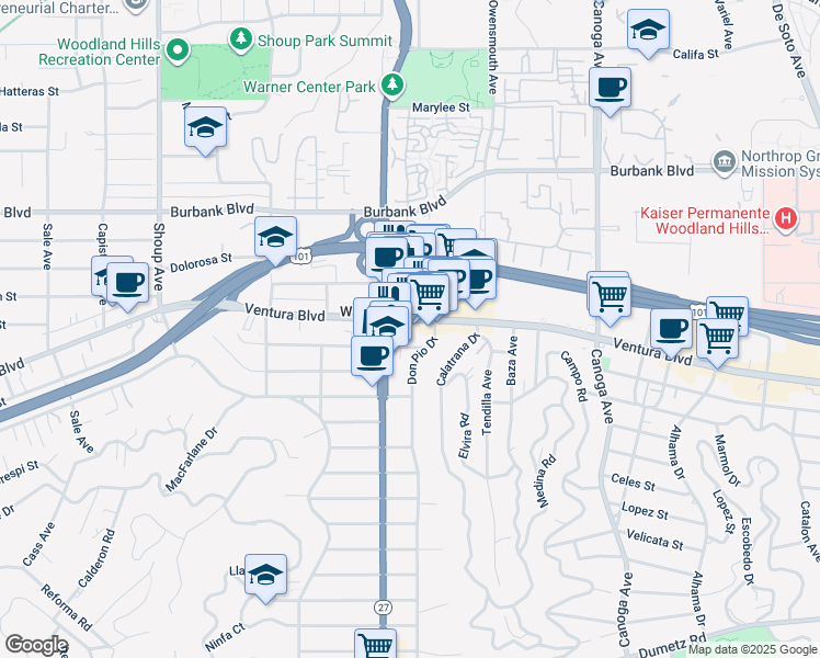 map of restaurants, bars, coffee shops, grocery stores, and more near 21930 Ventura Boulevard in Los Angeles