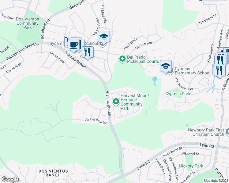 map of restaurants, bars, coffee shops, grocery stores, and more near 4501 Camino De Las Estrellas in Thousand Oaks