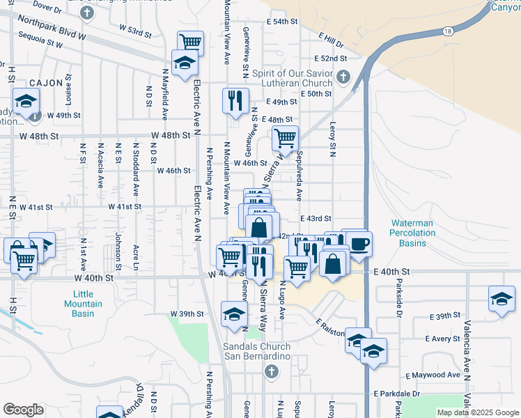 map of restaurants, bars, coffee shops, grocery stores, and more near 4180 North Sierra Way in San Bernardino