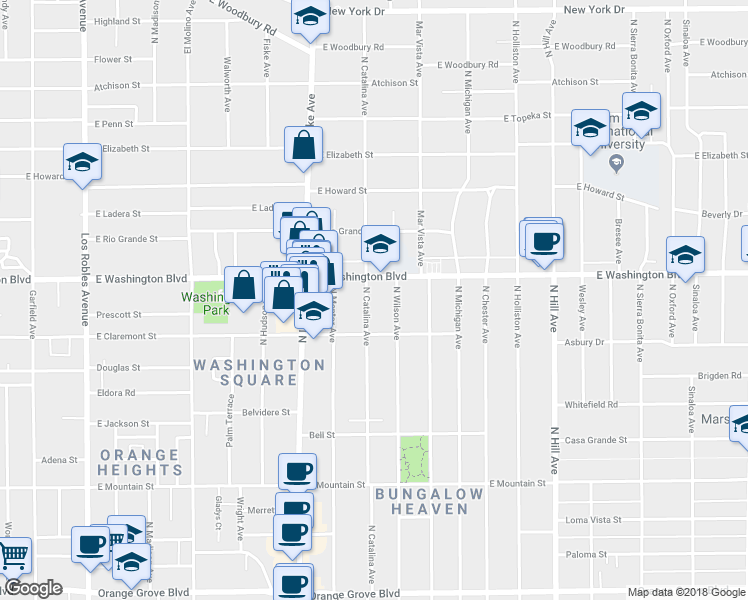 map of restaurants, bars, coffee shops, grocery stores, and more near 1290 North Catalina Avenue in Pasadena