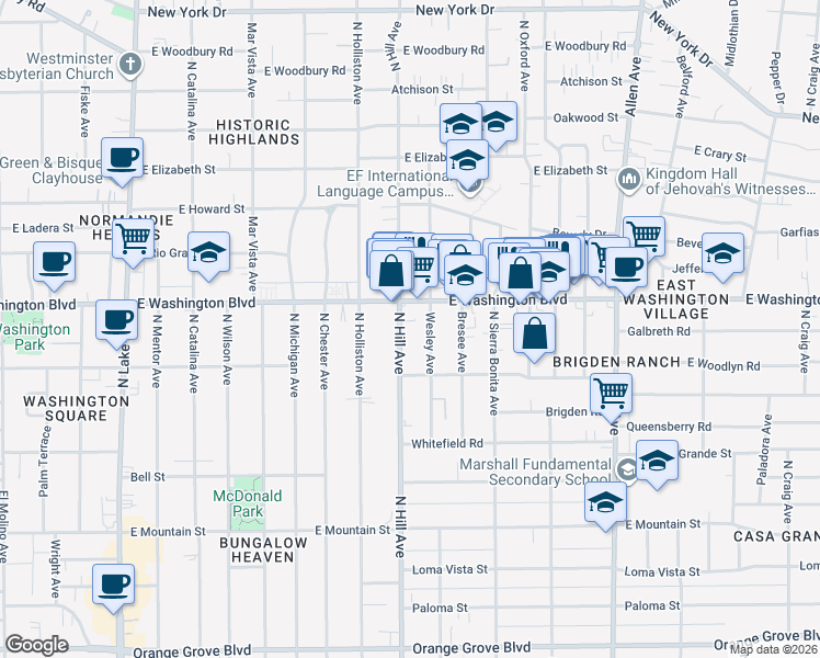 map of restaurants, bars, coffee shops, grocery stores, and more near 1288 North Hill Avenue in Pasadena