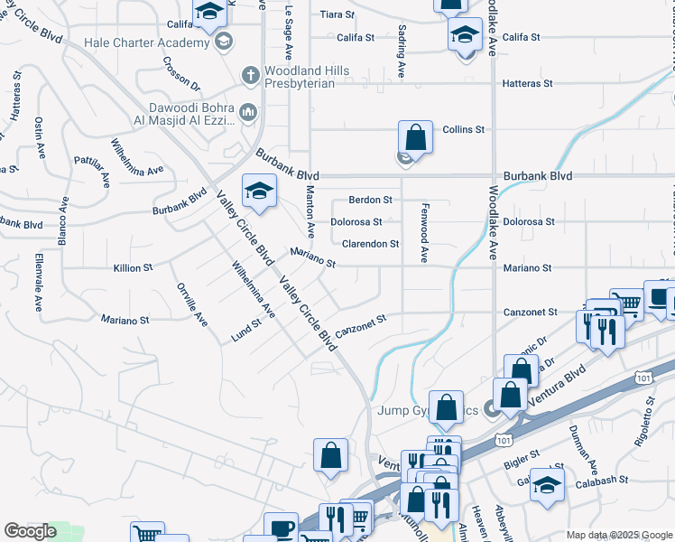map of restaurants, bars, coffee shops, grocery stores, and more near 23520 Mariano Street in Los Angeles